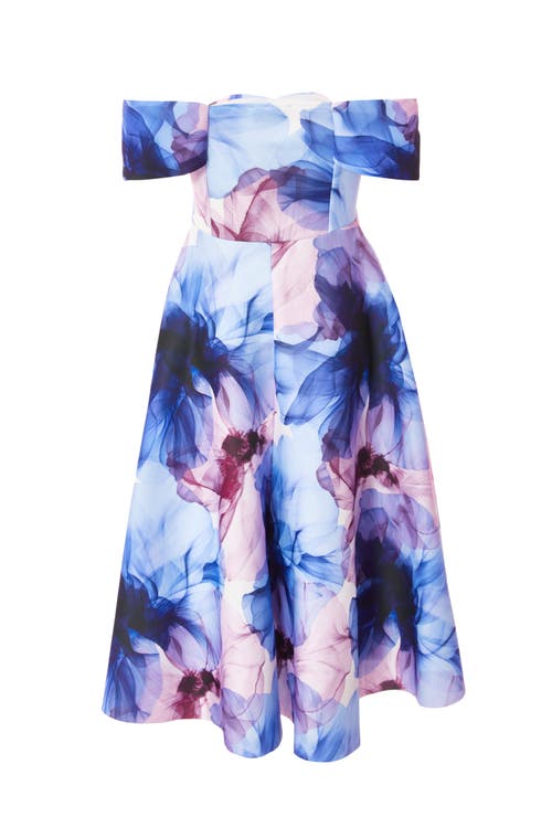 Quiz Scuba Floral Print Bardot Midi Skater Dress In Light Blue