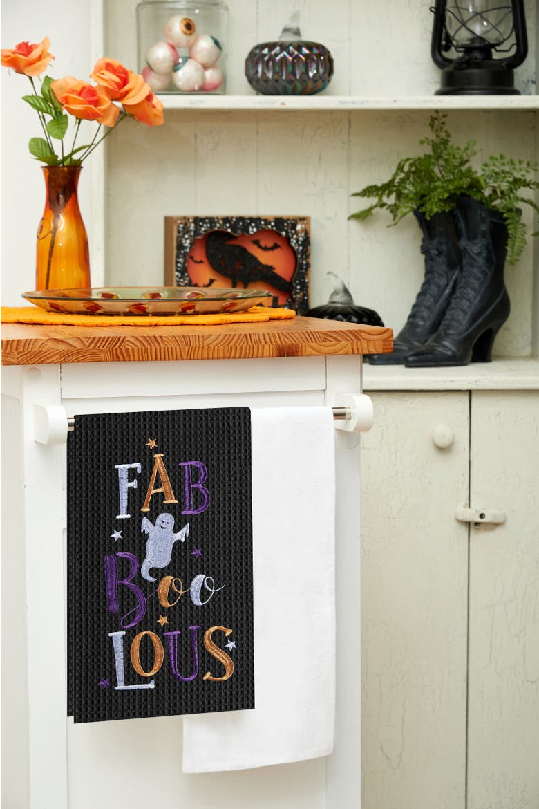 FAB-Boo-Lous Ghost Embroidered Cotton Halloween Waffle Weave Kitchen Towel, Alternate, color, Purple