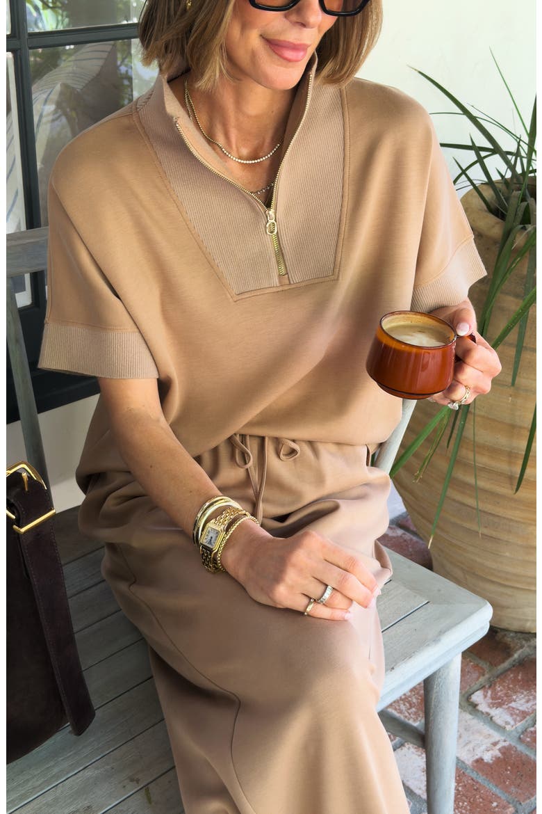 x Cellajaneblog Short Sleeve Scuba Knit Quarter Zip Sweatshirt, Alternate, color, PRALINE BROWN
