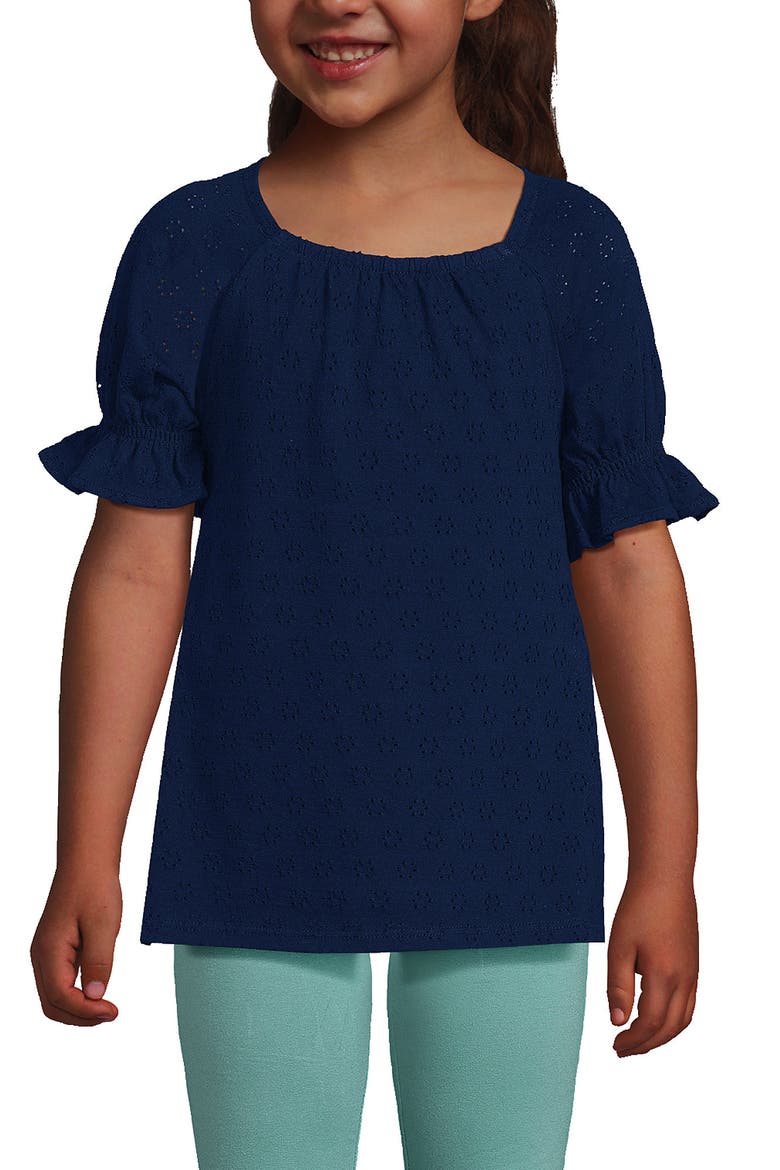 Girls Plus Short Sleeve Eyelet Ruffle Sleeve Top, Main, color, Deep Sea Navy
