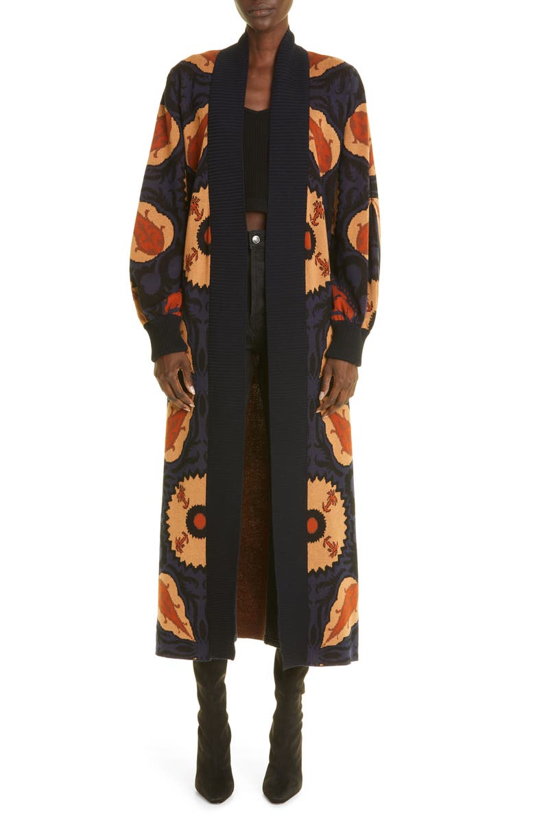 Johanna Ortiz Suzani Midnight Jacquard Pima Cotton Duster Cardigan, Main, color, 