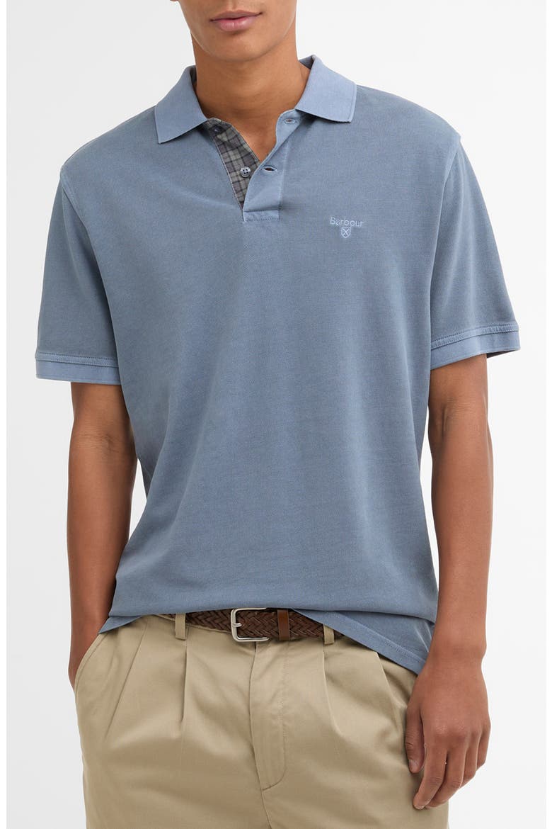 Tailored Fit Tartan Placket Cotton Piqué Polo, Main, color, WASHED BLUE