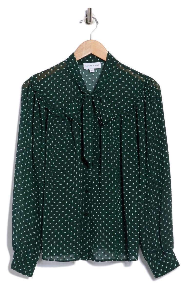 Tie Neck Button-Up Shirt, Alternate, color, EMERALD GREEN/ WHITE DOT