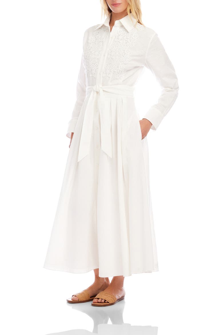 Floral Appliqué Long Sleeve Cotton & Linen Shirtdress, Alternate, color, OFF WHITE