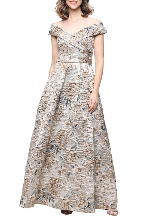 Off the Shoulder Floral Jacquard Ballgown