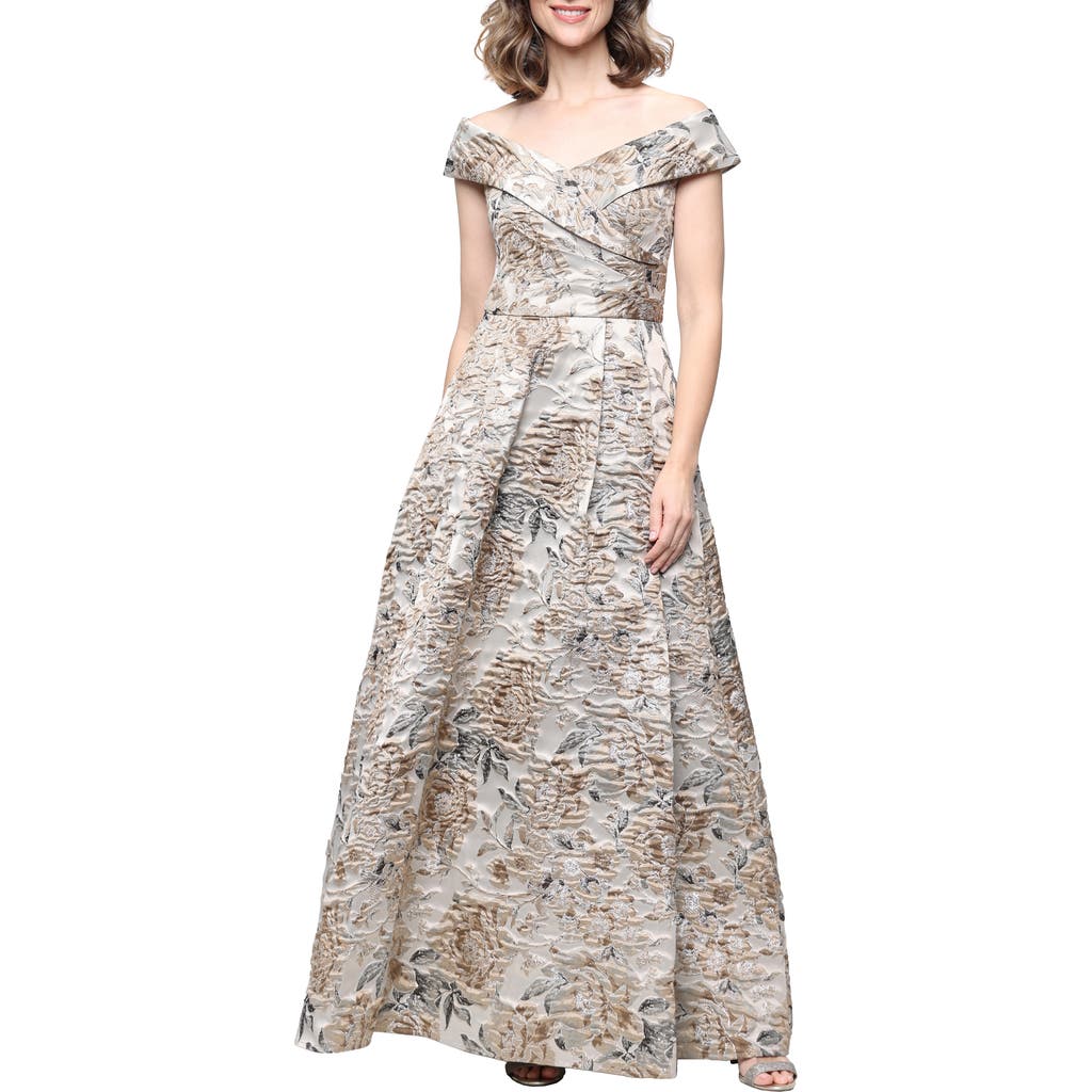 Alex Evenings Off the Shoulder Floral Jacquard Ballgown in Taupe Multi at Nordstrom, Size 18