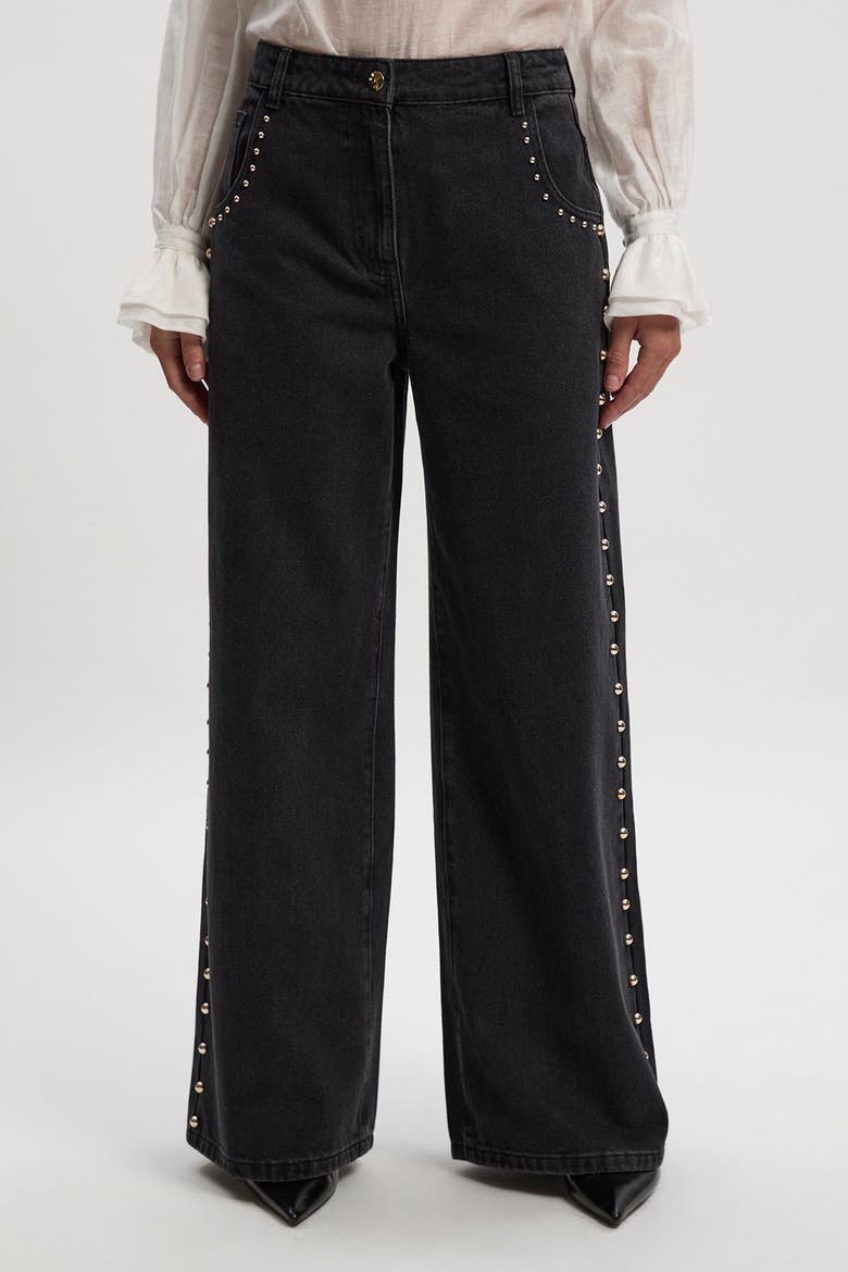 Denim Studded Wide Leg Jeans, Main, color, Black