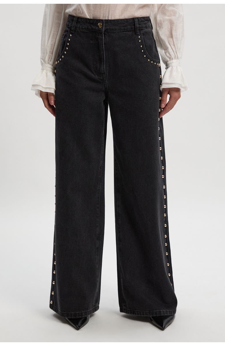 Karen Millen Denim Studded Wide Leg Jeans, Main, color, Black