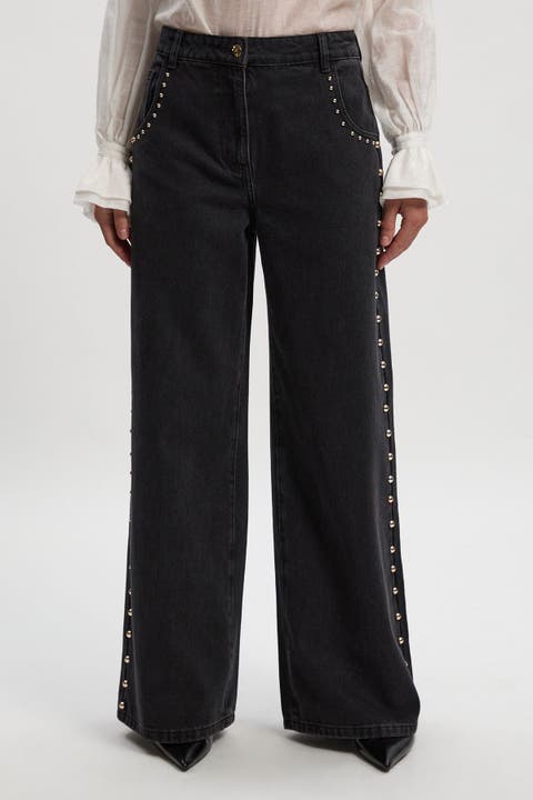 Denim Studded Wide Leg Jeans