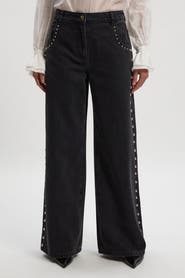 Karen Millen Denim Studded Wide Leg Jeans