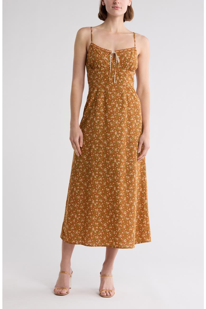 Floral Tie Neck Midi Sundress, Main, color, BROWN MULTI