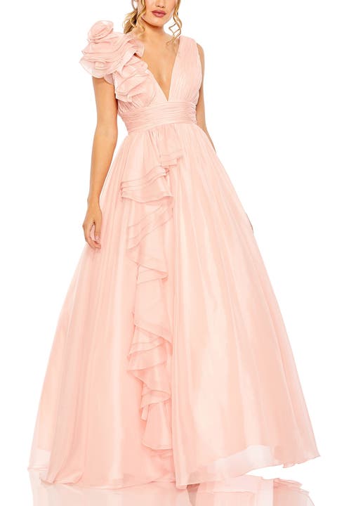 Ruffle Shoulder V-Neck Chiffon Gown