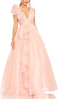 Mac Duggal Ruffle Shoulder V-Neck Chiffon Gown