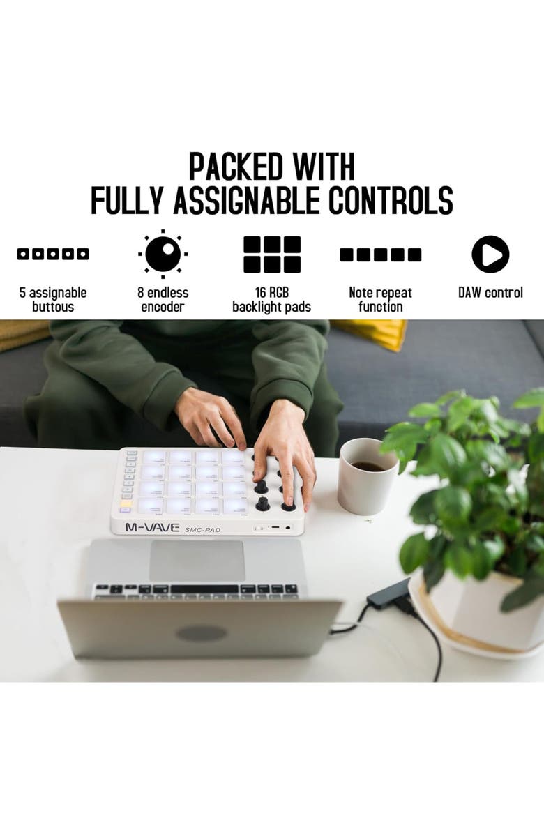 M-Wave Bluetooth MIDI Pad Controller - 16 Pads, Alternate, color, White