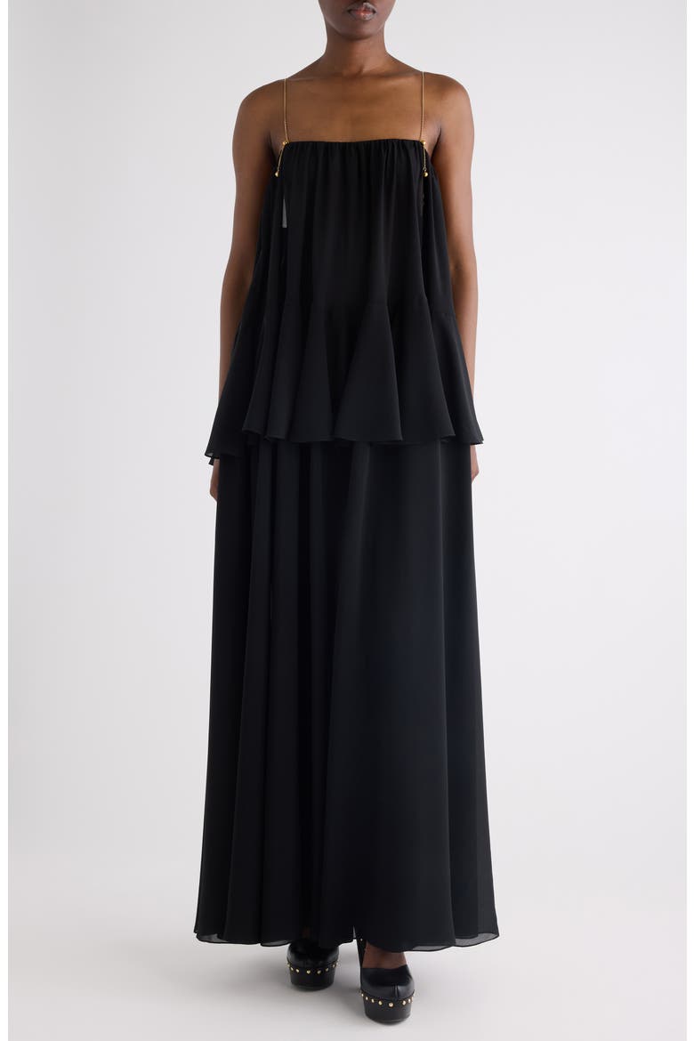 Chain Strap Peplum Silk Georgette Maxi Dress, Main, color, BLACK