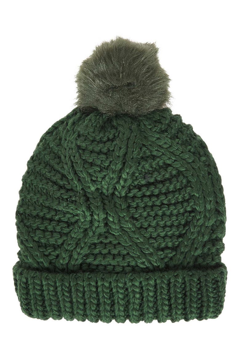 Cable Knit Pompom Beanie, Main, color, DARK GREEN