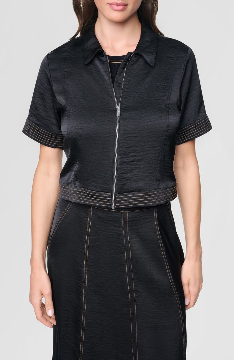 DKNY Short Sleeve Satin Jacket, Main, color, Black/ Dune