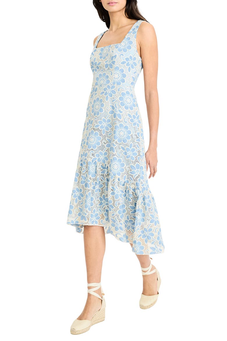 Floral Embroidery High-Low Midi Dress, Alternate, color, BLUE/ CREAM