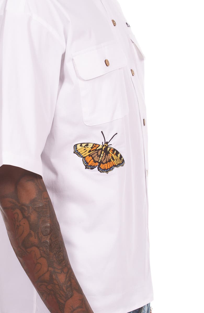 Billionaire Boys Club BB Aura Oversize Short Sleeve Cotton Button-Up Work Shirt, Alternate, color, White