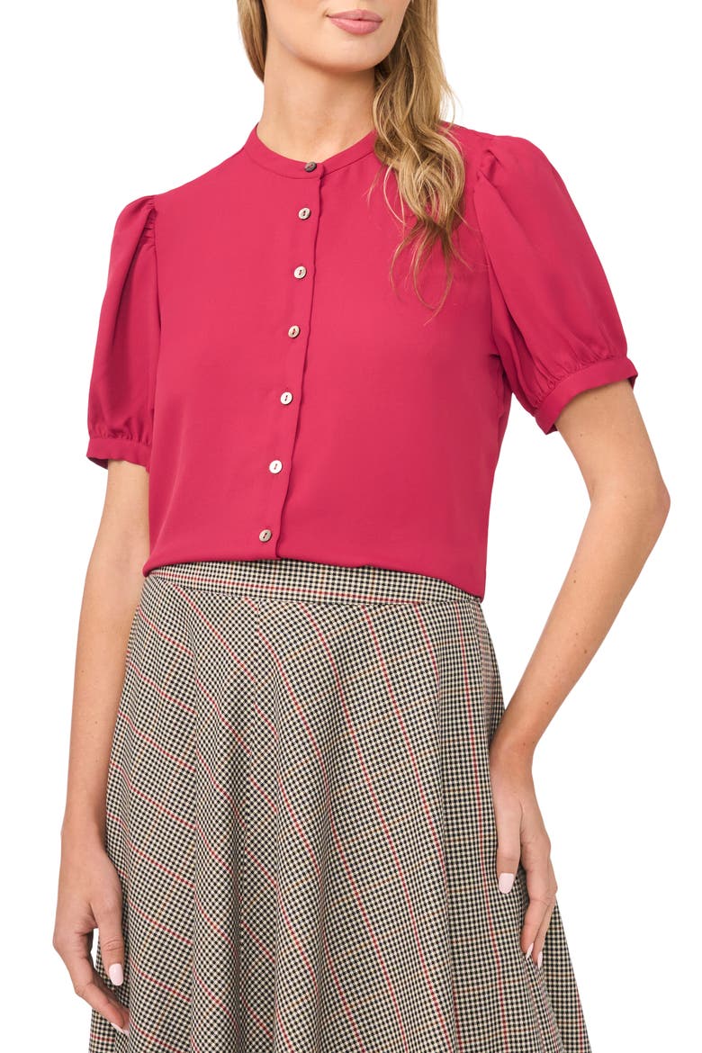 Puff Sleeve Button-Up Top, Main, color, DEEP CHERRY