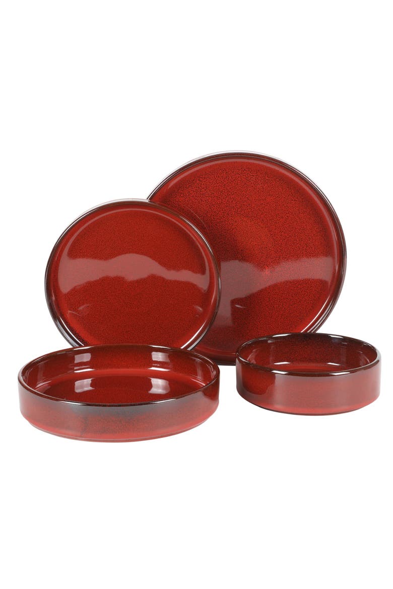 Santorini Mist 16 Piece Terracotta Reactive Glaze Plates and Bowls Dinnerware Set, Main, color, Garnet Red