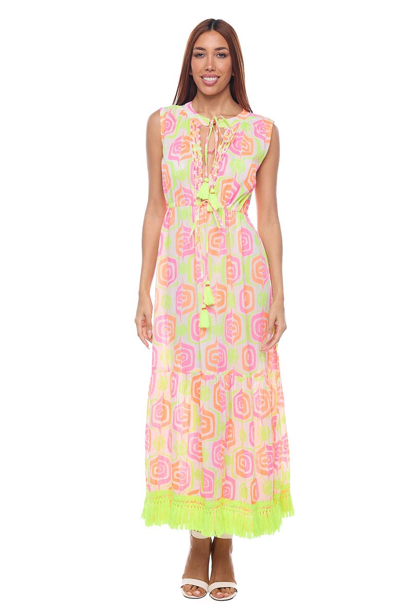 RANEES Tie Neck Fringe Trim Cotton Maxi Sundress, Alternate, color, Neon