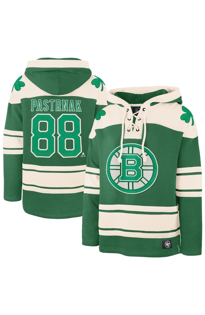 '47 Men's '47 David Pastrnak Kelly Green Boston Bruins St. Patrick's Day Player Name & Number Lacer Pullover Hoodie, Alternate, color, Kelly Green
