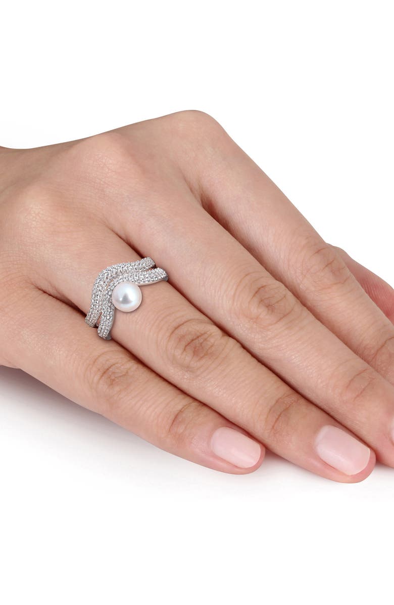 DELMAR Set of 2 Sterling Silver Pavé White Topaz & Cultured Pearl Wavy Band Rings, Alternate, color, 