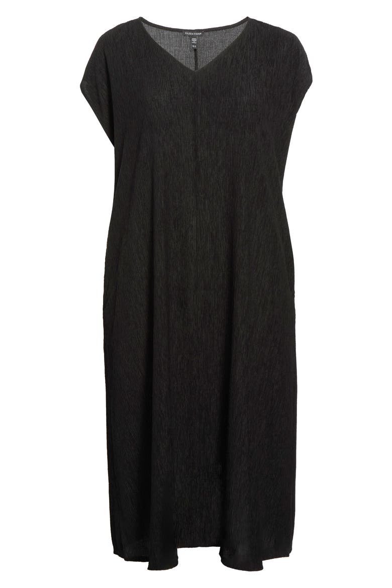 V-Neck Cap Sleeve Crinkle Dress, Alternate, color, BLACK