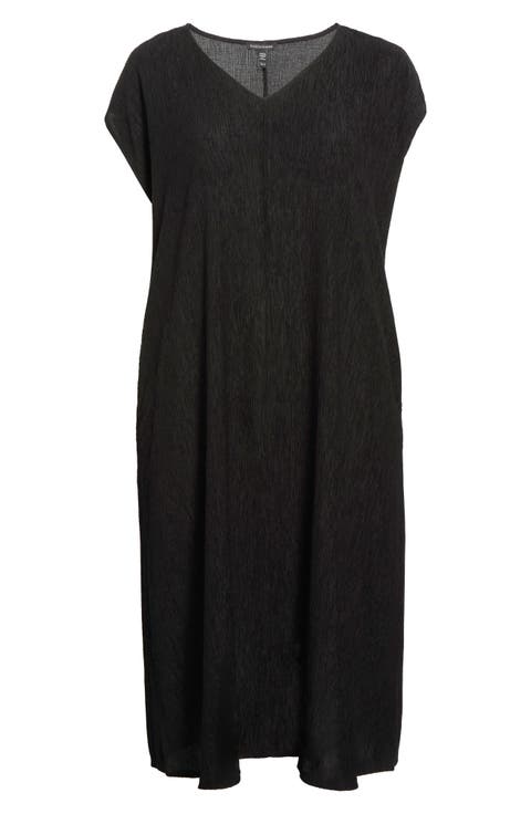 V-Neck Cap Sleeve Crinkle Dress