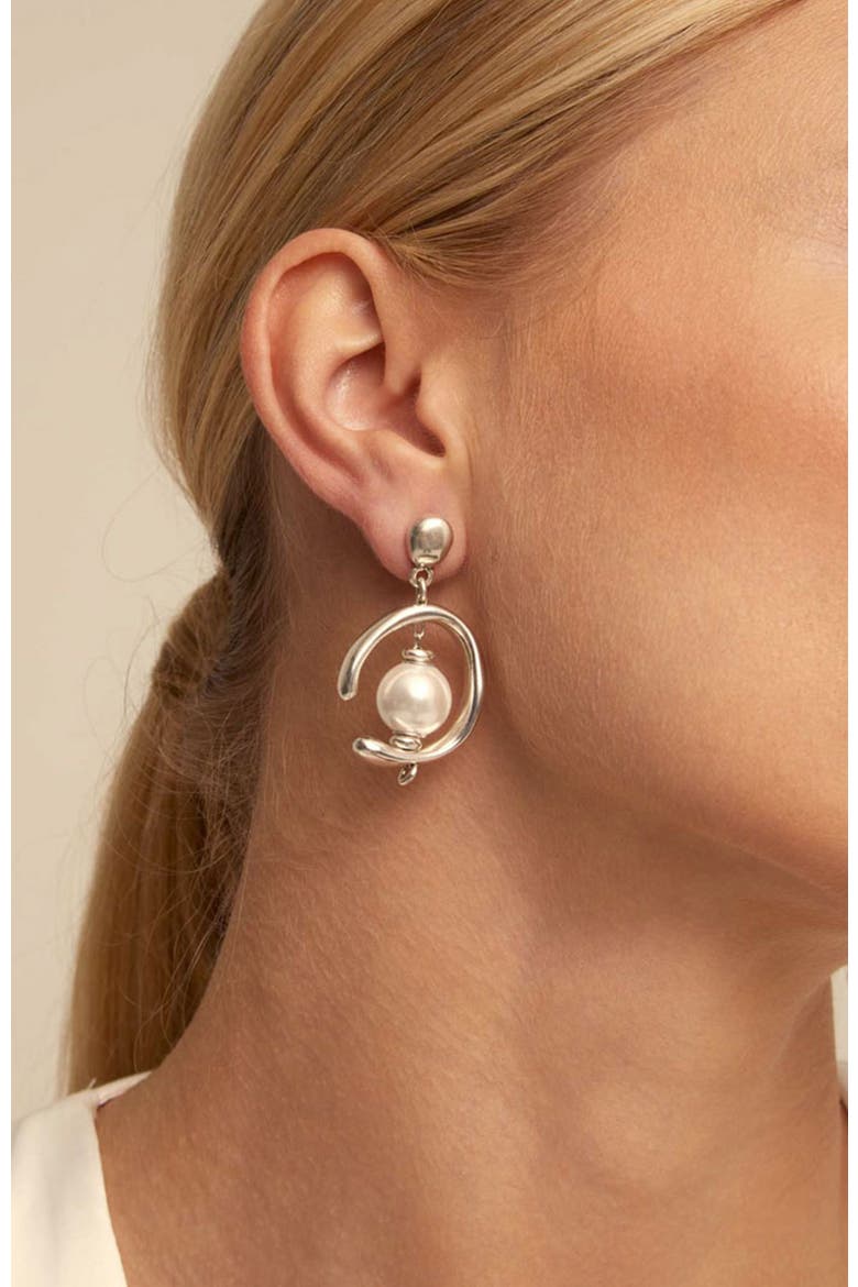 Sterling Silver-Plated Hoop Earrings with Pearl, Alternate, color, Silver