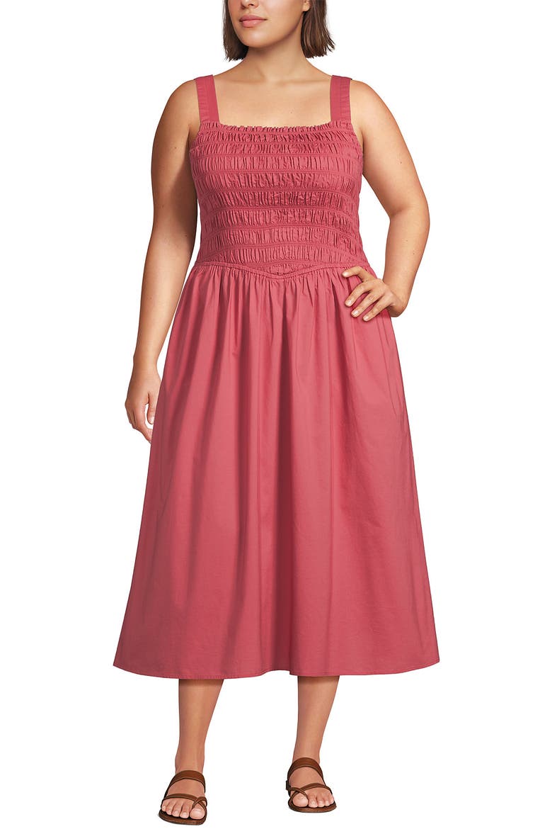 Plus Size Poplin Smocked Bodice Midi Dress, Main, color, Soft Mojave Rose