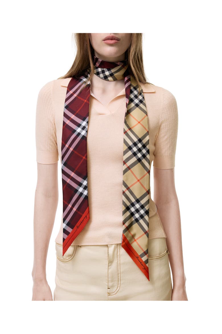 Skinny Contrast Check Silk Scarf, Alternate, color, Sand beige/oxblood red