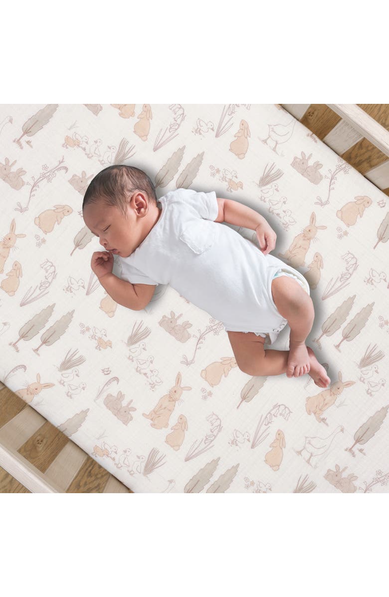 Lambs & Ivy Signature Bunny Hop Organic Cotton Muslin Baby Fitted Crib Sheet, Alternate, color, Cream