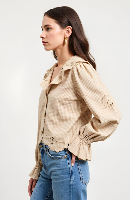 Modenaire Embroidered Scallop Trim Ruffle Collar Long Sleeve Blouse In Brown