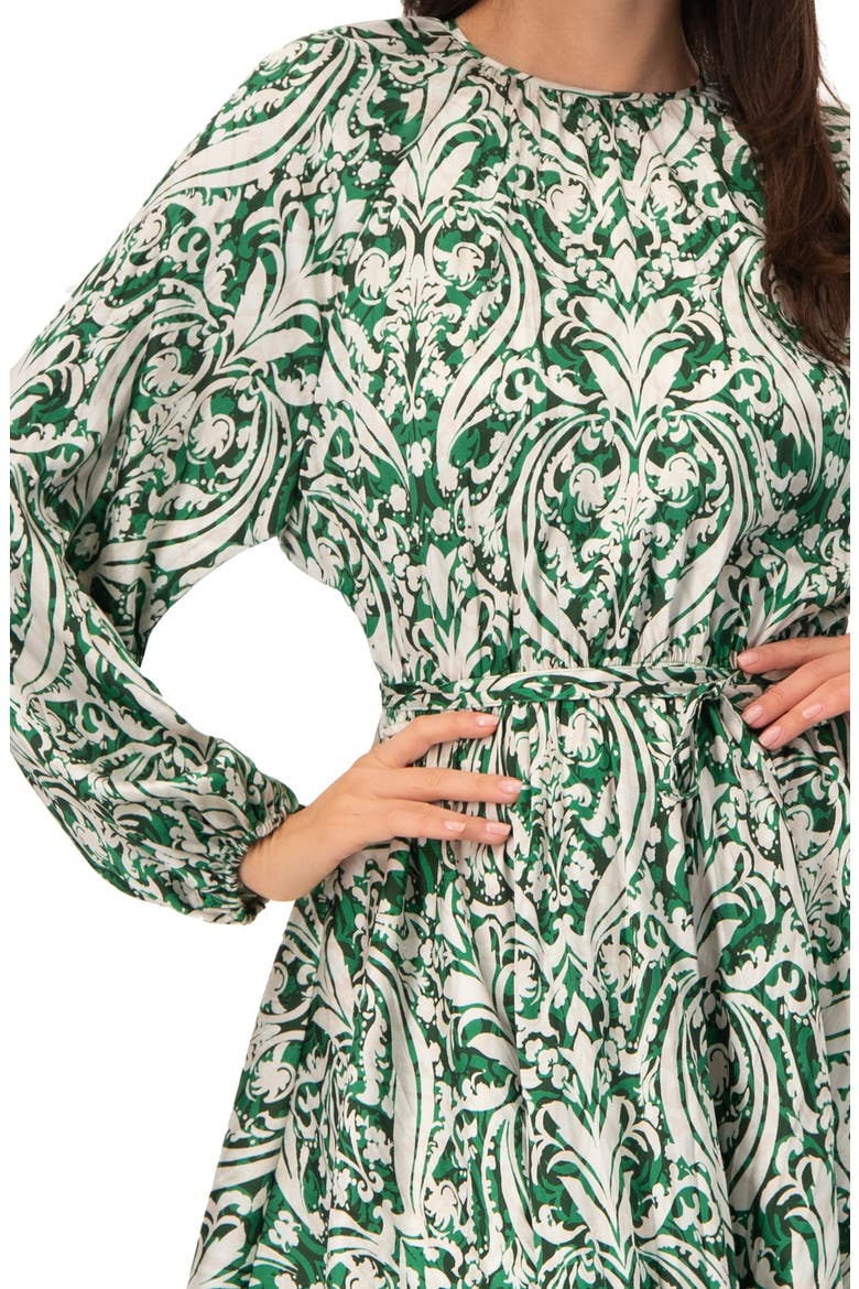 Baroque Print Mini Dress with Belted Waist, Alternate, color, Green
