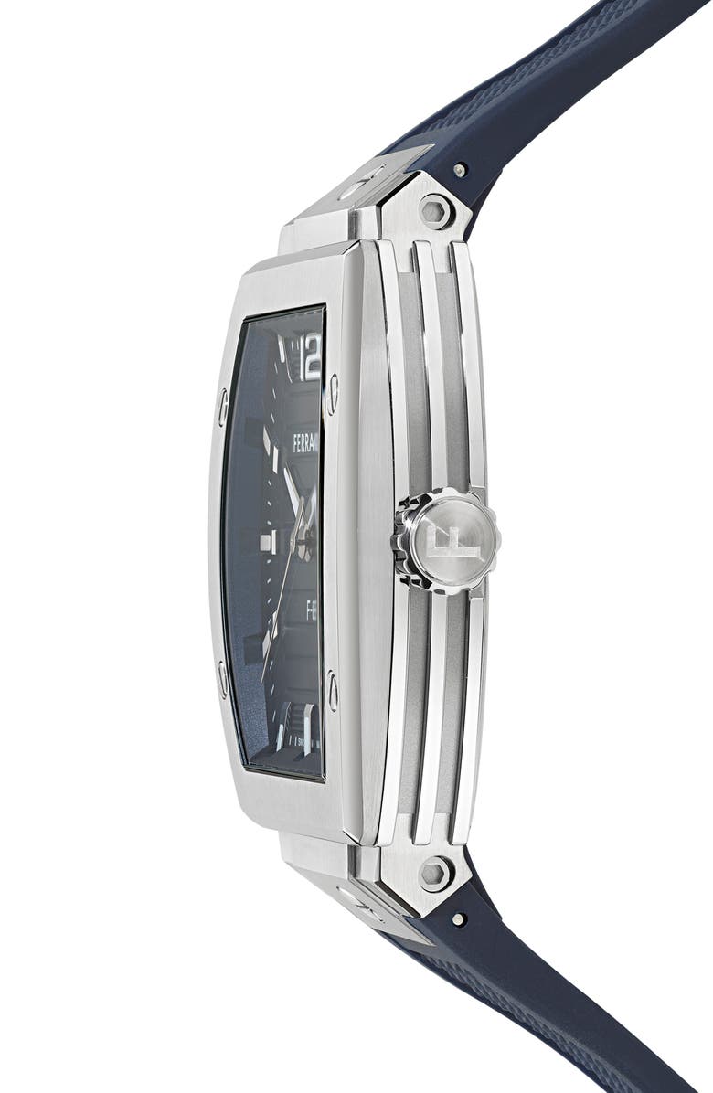FERRAGAMO F-80 Tonneau Silicone Strap Watch, 42mm, Alternate, color, Stainless Steel/Blue