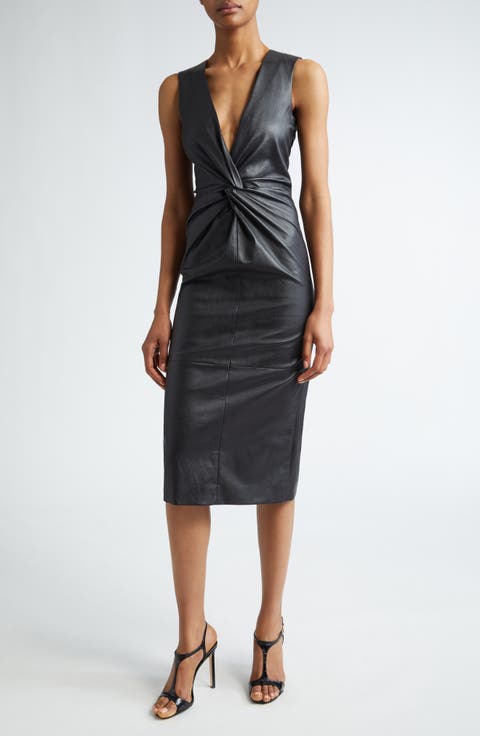 Twist Front Leather Midi Dress