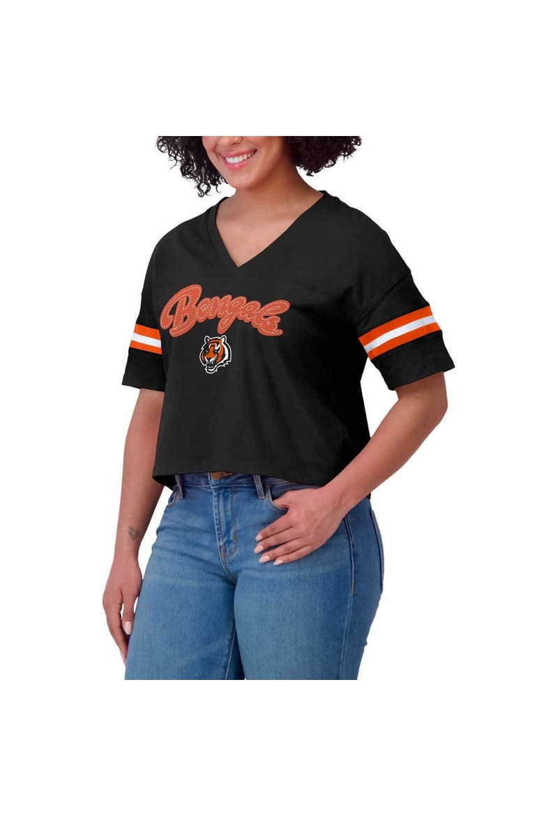Women's WEAR by Erin Andrews Black Cincinnati Bengals Plus Size Color Block Boxy V-Neck T-Shirt, Alternate, color, Black
