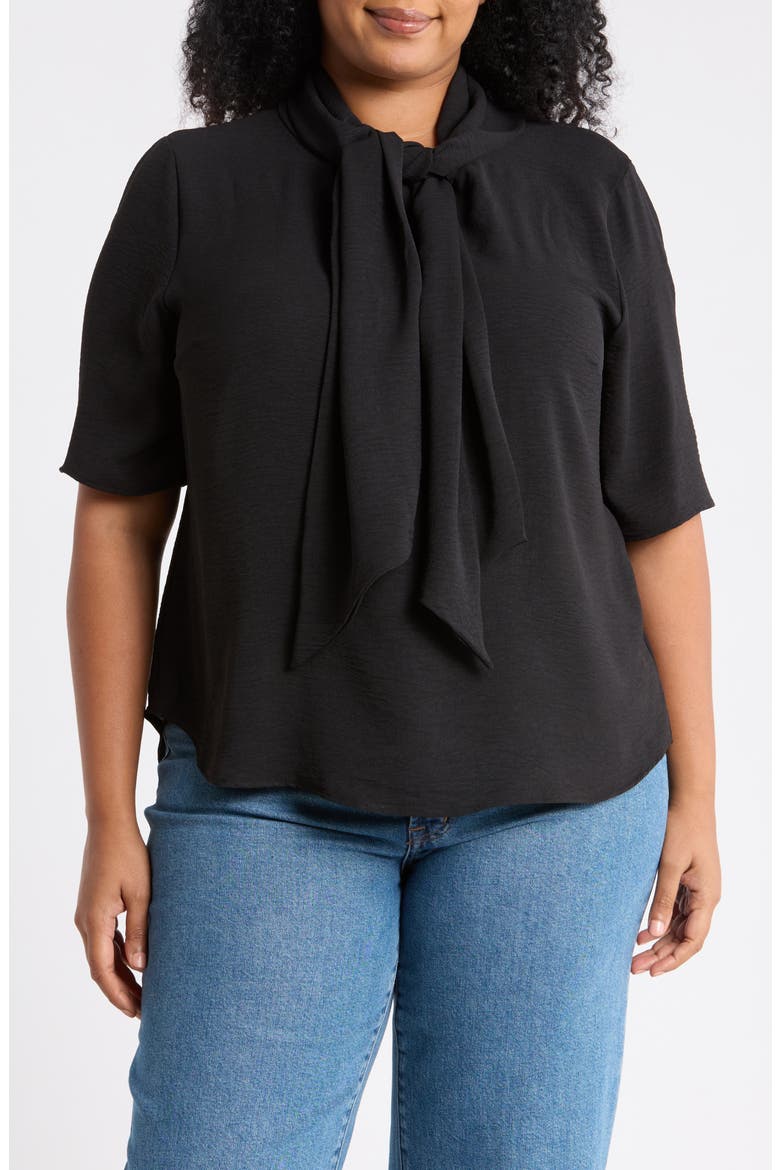 Bow Neck Short Sleeve Top, Main, color, BLACK
