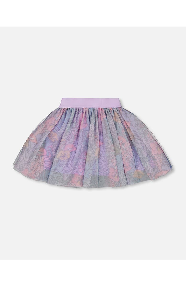 Deux par Deux Little Girl's Printed Mesh Skirt Lilac Tropical And Pink Flamingos, Alternate, color, 