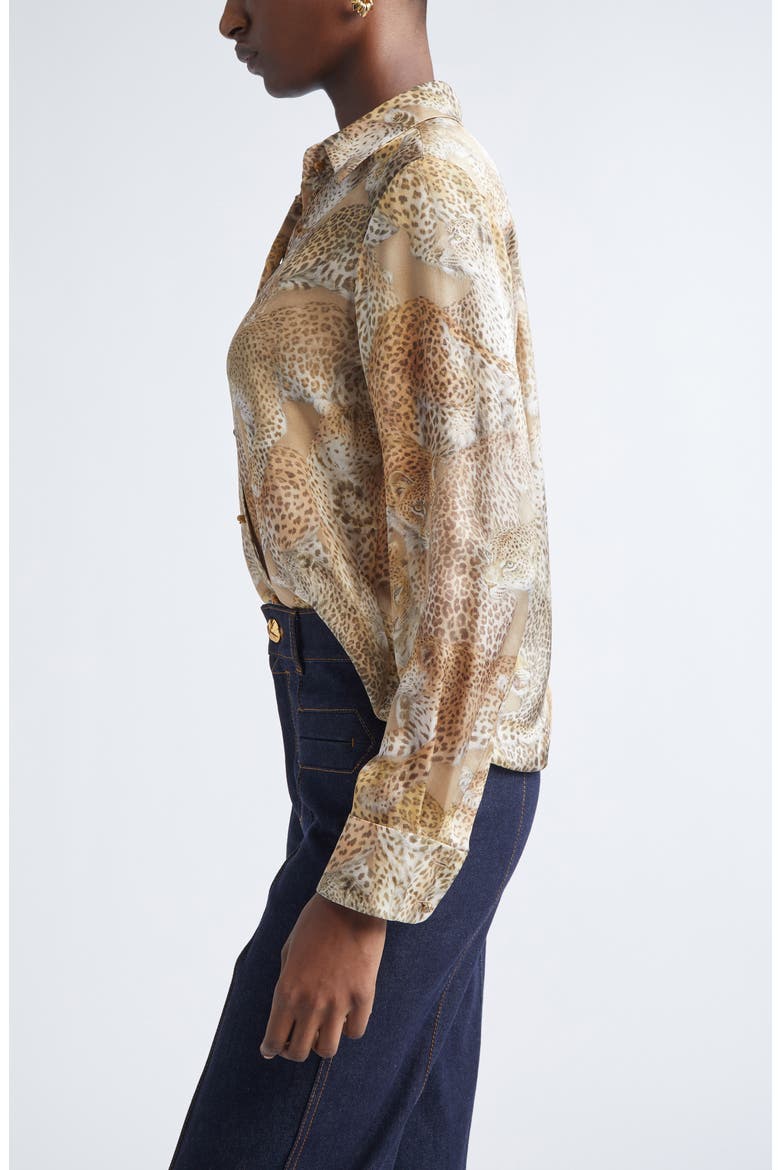 Rebellion Relaxed Silk Button-Up Shirt, Alternate, color, LATTE LEOPARD