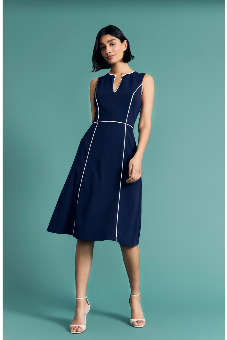 Piped Fit & Flare Midi Dress, Alternate, color, NAVY BLAZER