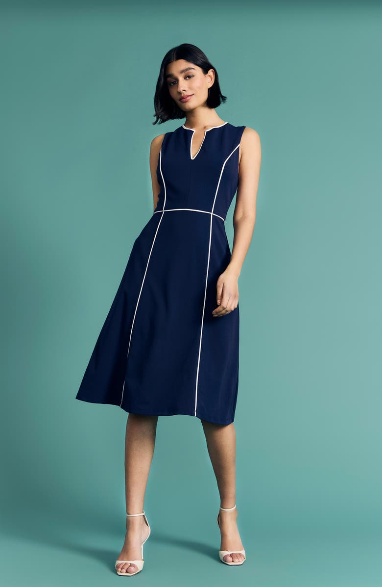 Maggy London Piped Fit & Flare Midi Dress, Alternate, color, Navy Blazer