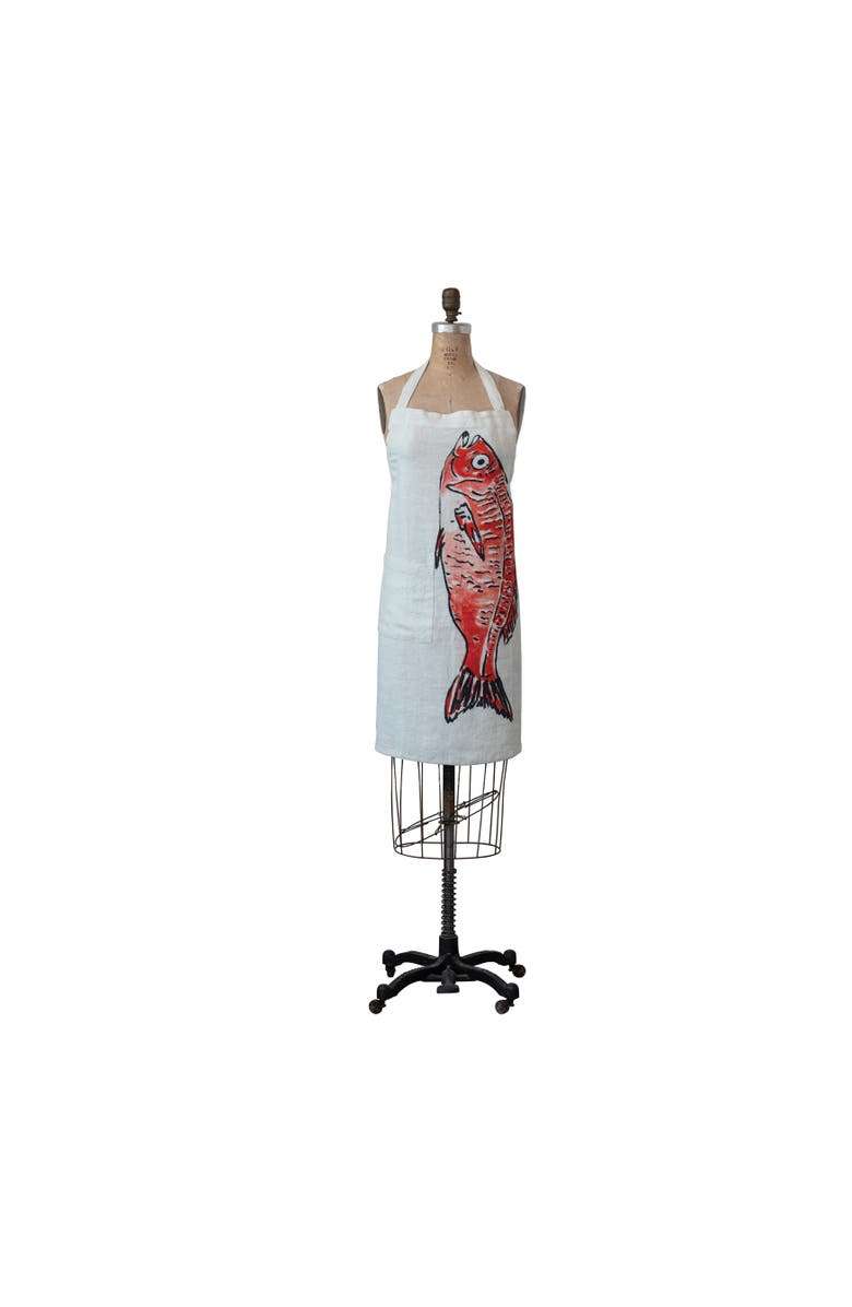 Storied Home Linen Apron with Pocket and Fish Design, Main, color, Orange