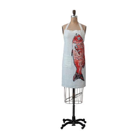 Linen Apron with Pocket and Fish Design