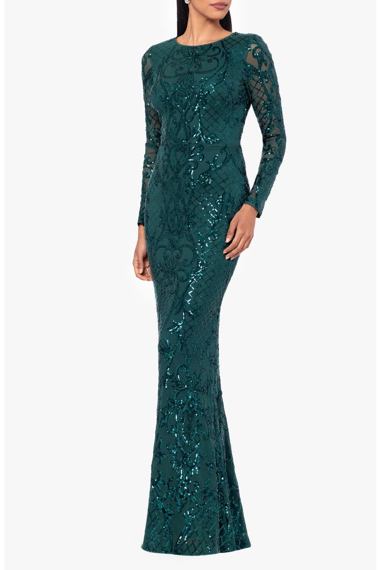 Sequin Long Sleeve Mermaid Gown, Alternate, color, EMERALD