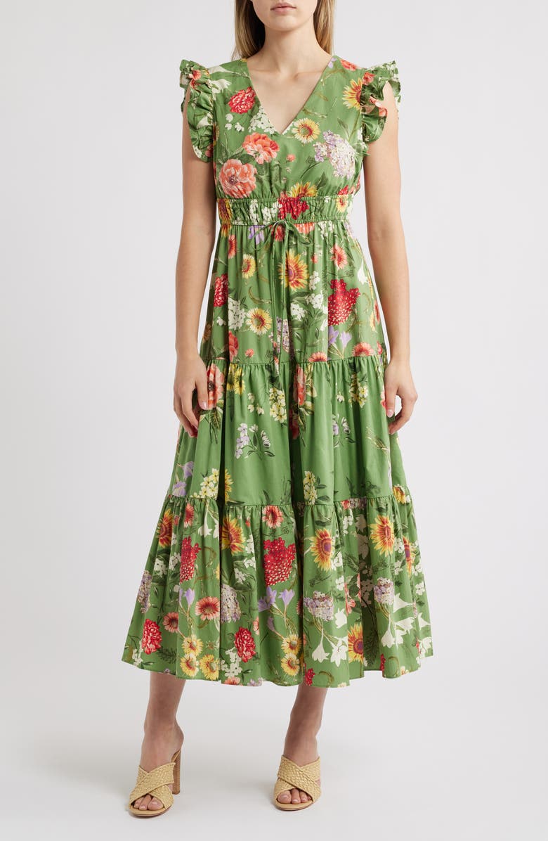Anne Klein Floral Cotton Ruffle Shoulder Tiered Dress, Main, color, 