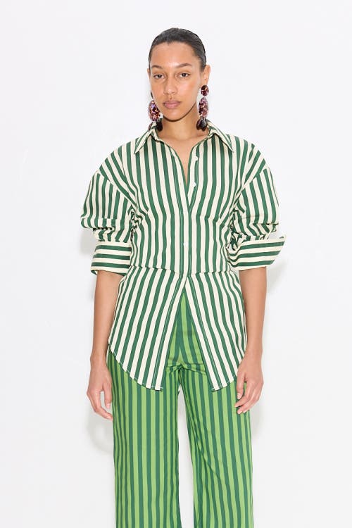 Simonmiller Loch Cutout Tie-back Striped Poplin Shirt In Gummy Green/ecru Stripe