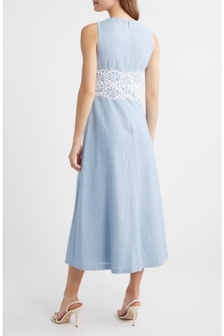 Lace Trim Linen Blend Midi Dress, Alternate, color, LAGOON/ CRISP WHITE
